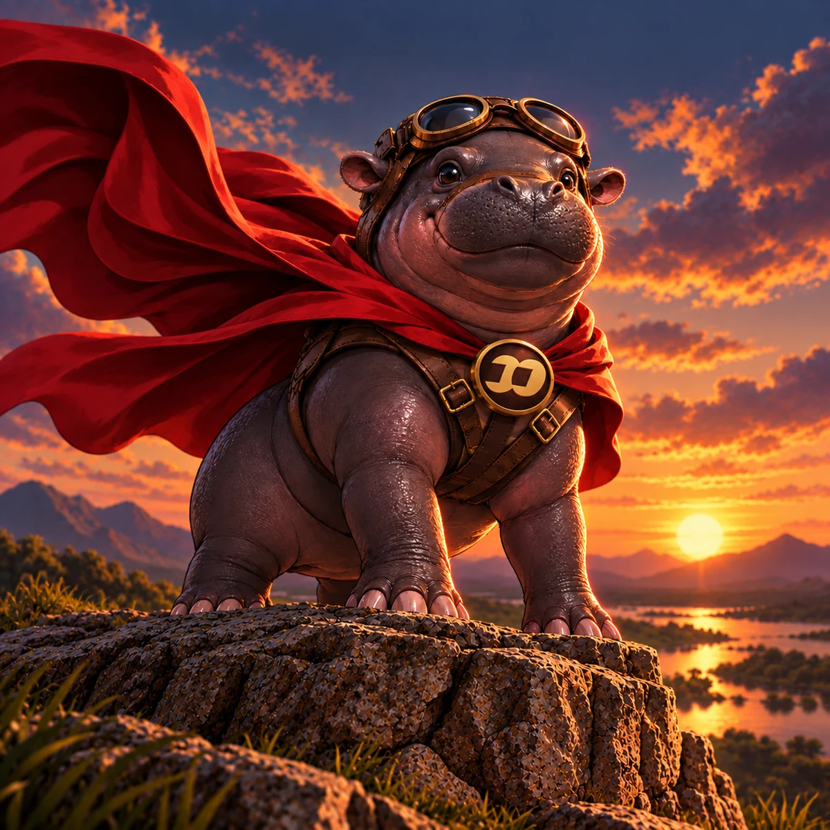 BRONTO, a heroic baby hippo in a red cape with a gold emblem, standing on a cliff at sunset